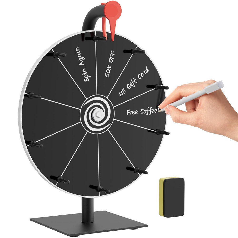 12 Inch 10 Slots Prize Wheel Spinner with Stand, Spinning Wheel for Prizes with Dry Erase Marker & Eraser, Portable Spin Wheel of Fortune Game Roulette Wheel for Home Parties, Carnival, Trade Show