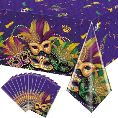12 Pack Mardi Gras Tablecloth, Masquerade Dancing Party Tablecloth Decorations, Plastic Purple Table Cover Backdrop for Mardi Gras Carnival Party Supplies and Decors, 54 x 108 Inch