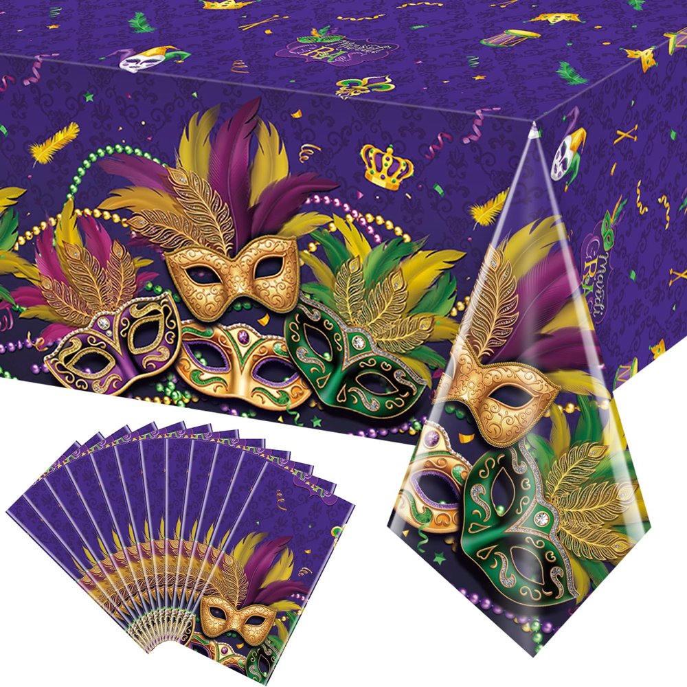 12 Pack Mardi Gras Tablecloth, Masquerade Dancing Party Tablecloth Decorations, Plastic Purple Table Cover Backdrop for Mardi Gras Carnival Party Supplies and Decors, 54 x 108 Inch