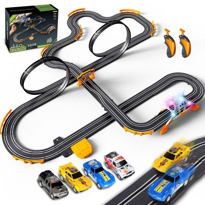 Slot Car Race Track for Kids with 4 Slot Cars, Dual Racing Electric Car Tracks Game Featuring Flash Bridge and Pendulum Toys Gifts for Boys Girls Age 6 7 8 Years Old