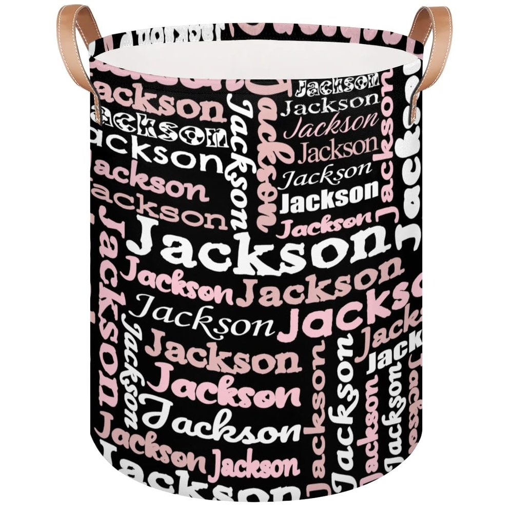 SPYORBKX Custom Laundry Basket with Name, Personalized Baby Laundry Hamper for Bedroom Bathroom, Round Storage Basket with Handle for Men Women Black White Pink
