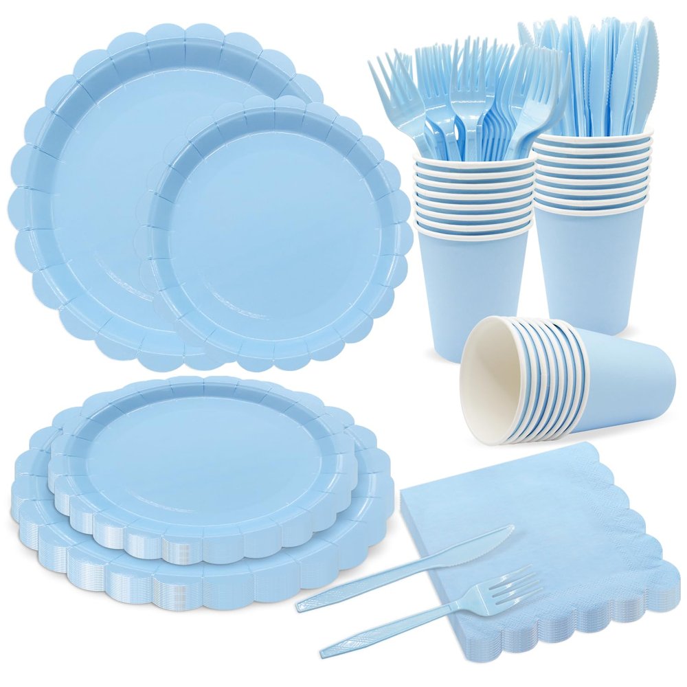 144Pcs Blue Birthday Party Supplies Blue Tableware Set Serve 24 Guests Includes Dinner Plates Cups Napkins For Wedding Baby Shower Birthday Party Decorations