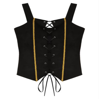 ACSUSS Kids Girls Pirate Costume Gothic Steampunk Vest Sleeveless Lace-up Corset Gold Trim Waistcoat Black 8 Years