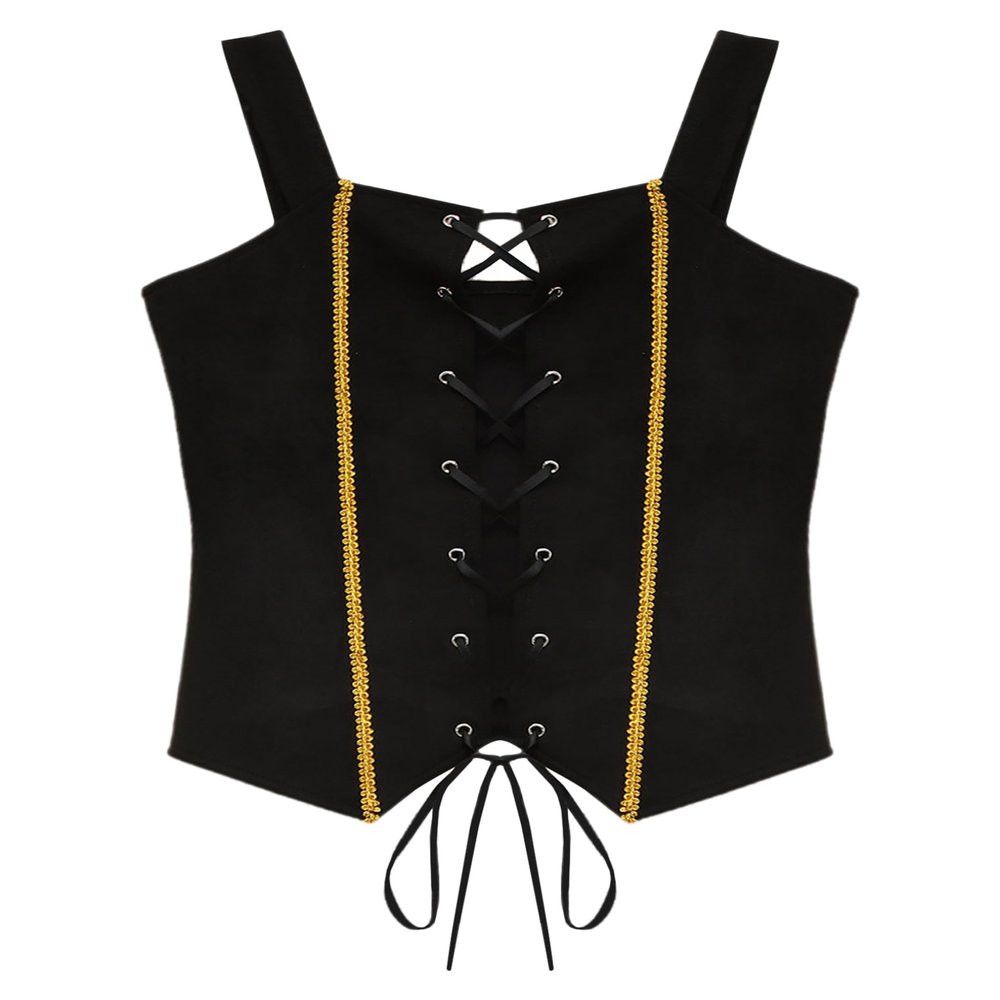 ACSUSS Kids Girls Pirate Costume Gothic Steampunk Vest Sleeveless Lace-up Corset Gold Trim Waistcoat Black 8 Years