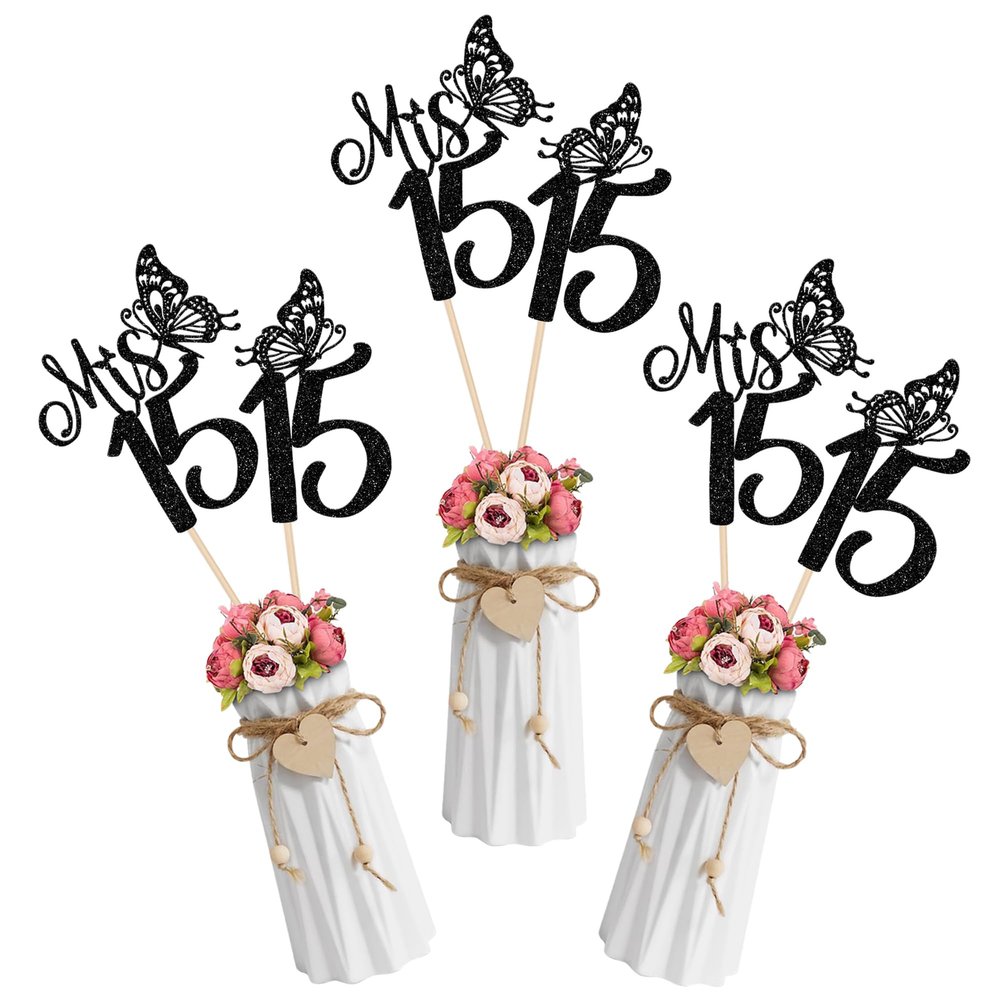 12 Pack Mis 15 Centerpiece Sticks, Happy 15th Birthday Party Decorations, Glitter Hello 15 Fabulous Table Toppers Decotations for Cheers to 15 Years Old Birthday Anniversary Party Decotations Black