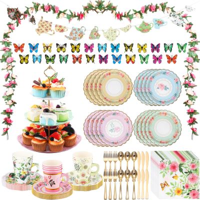 121 Pcs Floral Tea Party Dinnerware Set Include 9 oz Paper Cups and Saucers, Napkins, 3 Tier Cake Stand, Serving Platter, Butterfly Decorations, Flower Banner Tableware for Birthday Wedding
