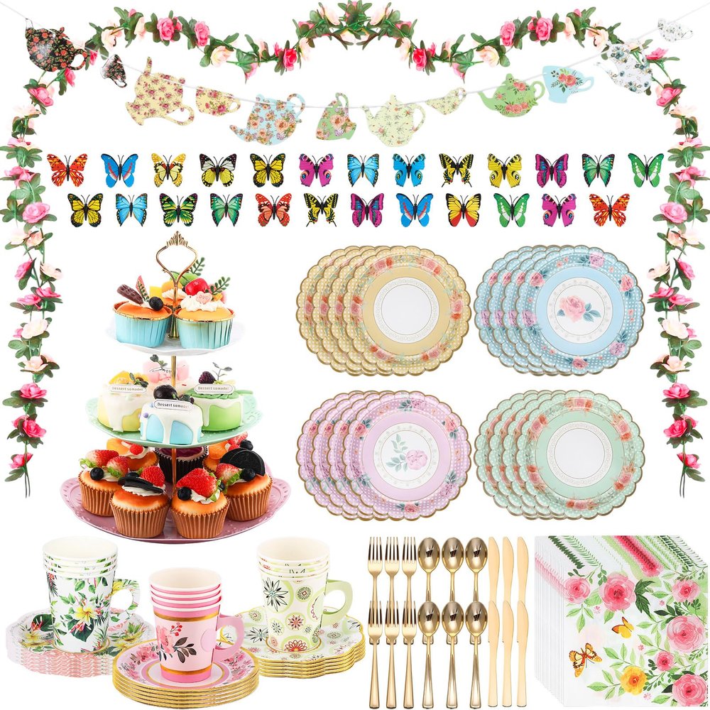 121 Pcs Floral Tea Party Dinnerware Set Include 9 oz Paper Cups and Saucers, Napkins, 3 Tier Cake Stand, Serving Platter, Butterfly Decorations, Flower Banner Tableware for Birthday Wedding