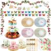 121 Pcs Floral Tea Party Dinnerware Set Include 9 oz Paper Cups and Saucers, Napkins, 3 Tier Cake Stand, Serving Platter, Butterfly Decorations, Flower Banner Tableware for Birthday Wedding view 1