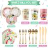 121 Pcs Floral Tea Party Dinnerware Set Include 9 oz Paper Cups and Saucers, Napkins, 3 Tier Cake Stand, Serving Platter, Butterfly Decorations, Flower Banner Tableware for Birthday Wedding view 2