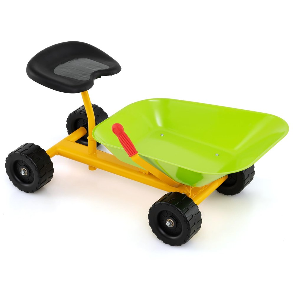 Costzon Kids Wheelbarrow, Children Outdoor Sand Dumper w/Comfy Seat, 4 Wheels, Ergonomic Handle and Heavy Duty Steel Frame, Digging Metal Garden Play Tool for Boys Girls (Light Green)