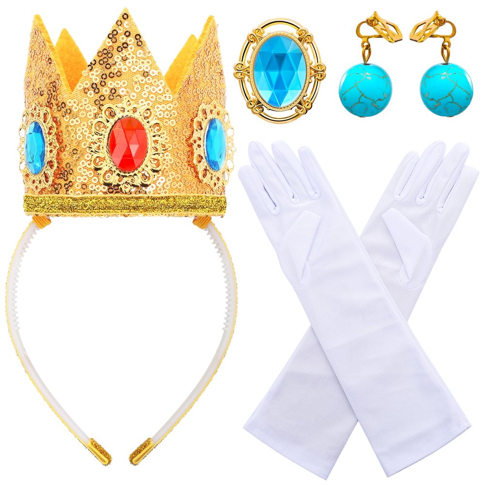 ZIZWO Princess Peach Crown for Kids Girls,Princess Peach Crown Accessories Kit with Gloves Brooch Earrings for Halloween Birthday Party Dress Up