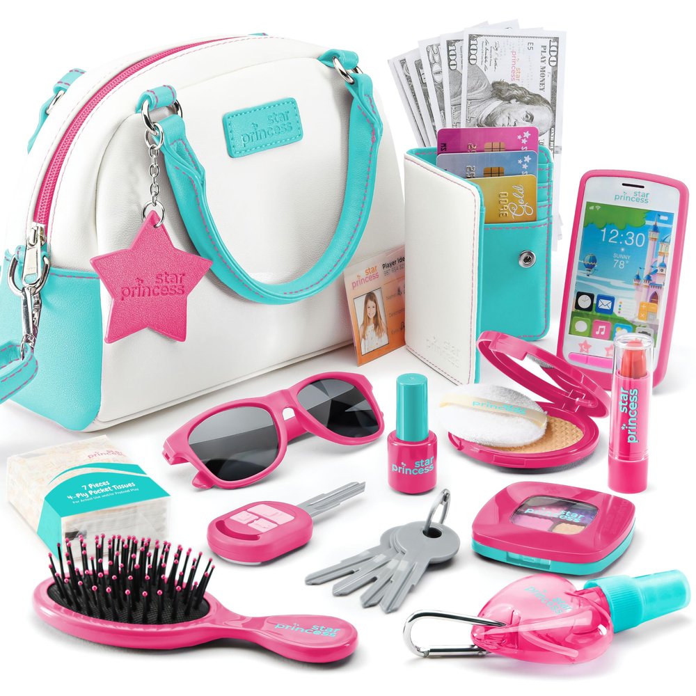 Little Girls' Play Purse - Pretend Play Accessories: Toy Phone, Wallet, Credit Cards, Keys, Makeup for Role Playing, Ages 3-8