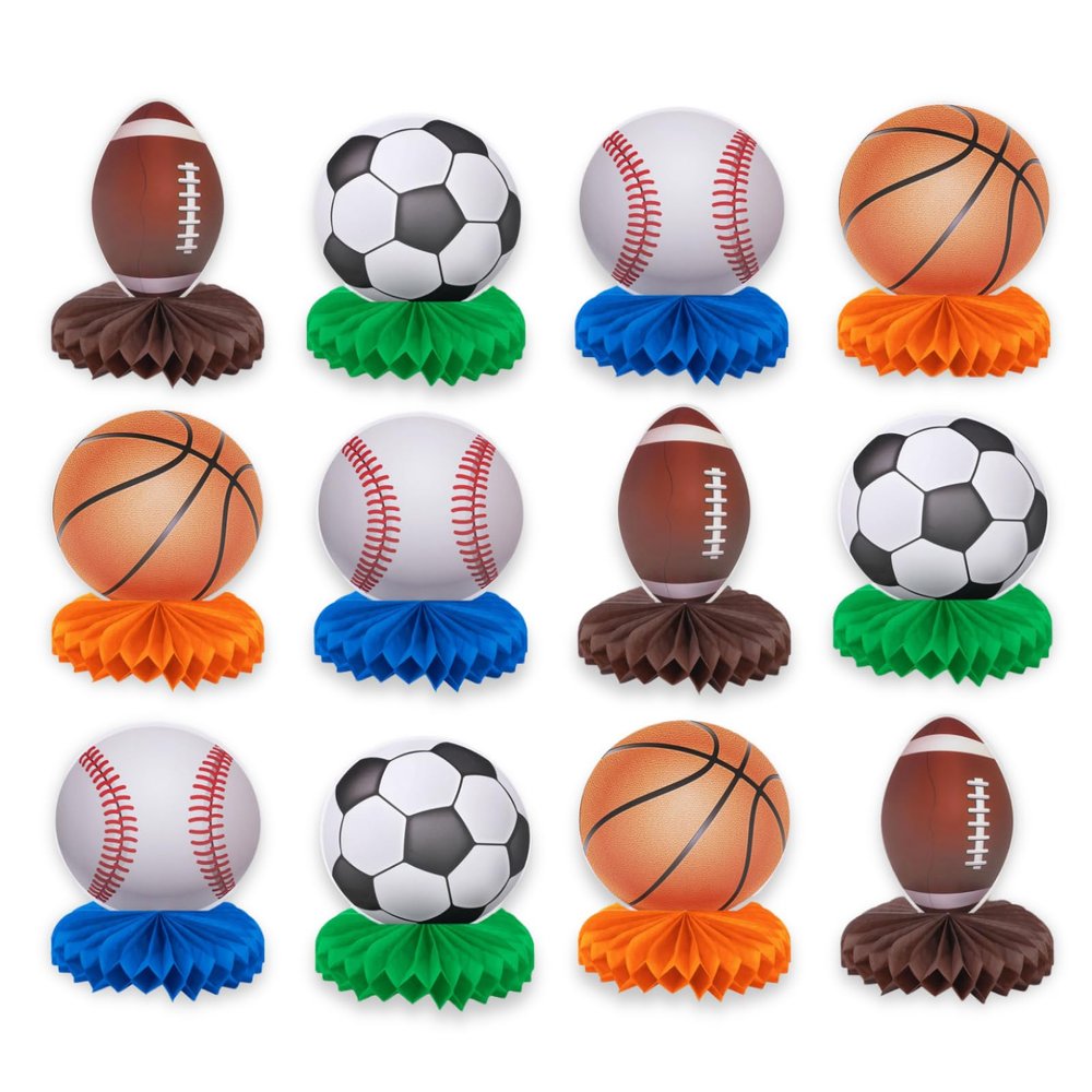 12 Pack Mixed Sports Honeycomb Centerpieces Decorations Football Basketball Baseball Soccer Birthday Table Topper Sign Decors for Boys' Birthday Gameday Celebration Sports Theme Desktop Decoration