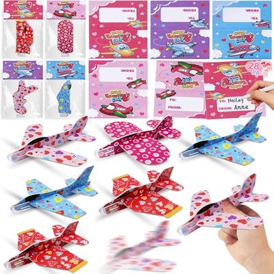 28 Pack Valentine's Day Foam Airplanes for Kids Class, Greeting Cards with Heart Paper Planes for Kids Boys Girls School Classroom Exchange Prizes Valentines Day Gifts Supplies Plane Party Favors