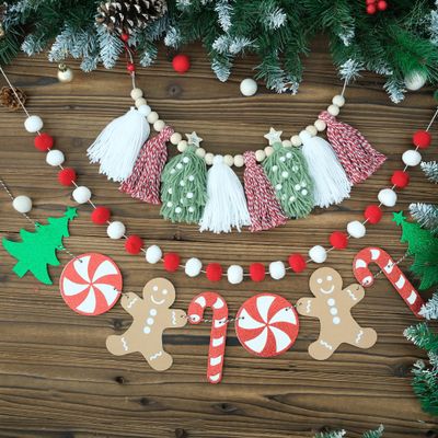 Christmas Tassel Garland Banner with Red and White Pom Pom Garlands Christmas Candy Tree Cane Banner for Wall Hanging Home Decor