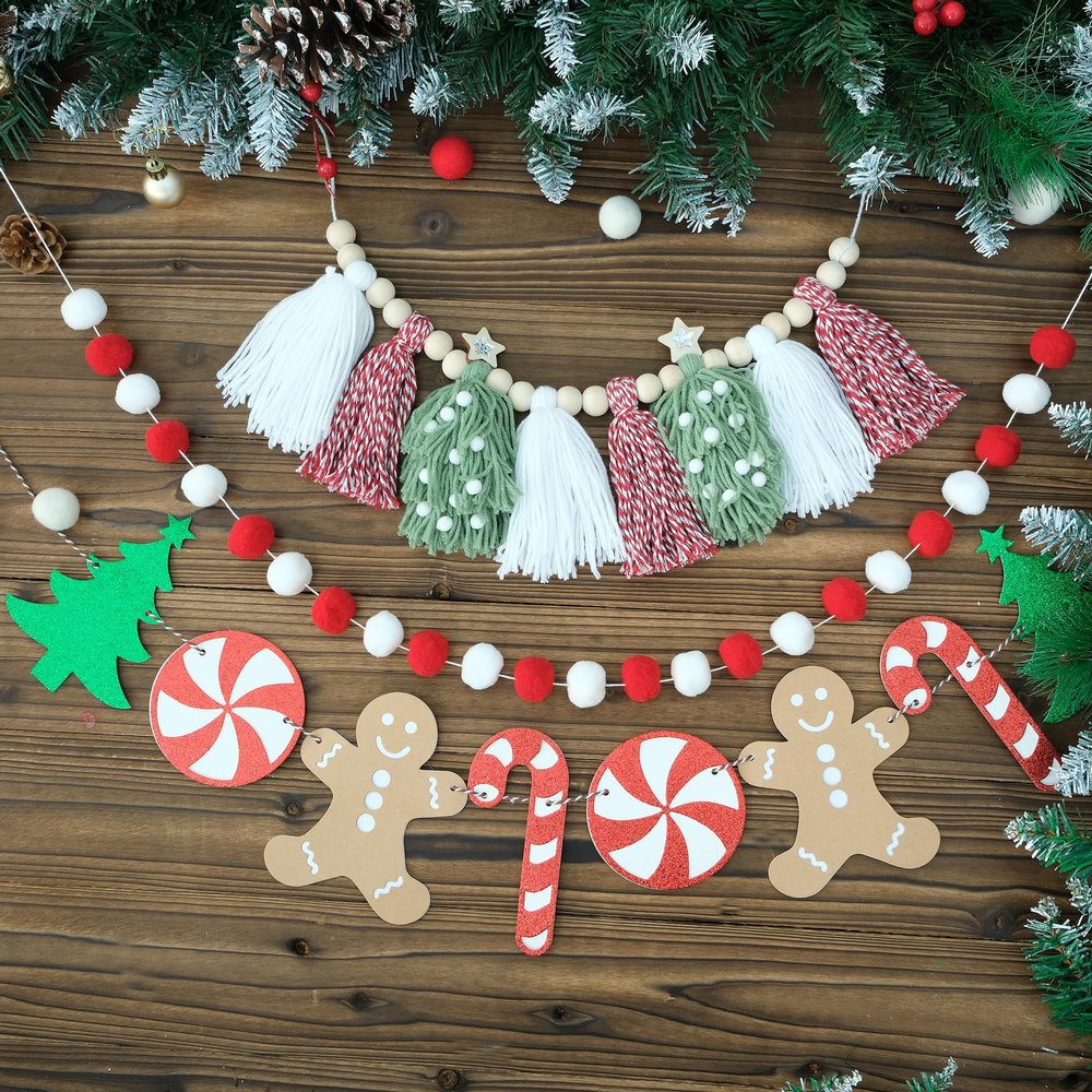 Christmas Tassel Garland Banner with Red and White Pom Pom Garlands Christmas Candy Tree Cane Banner for Wall Hanging Home Decor