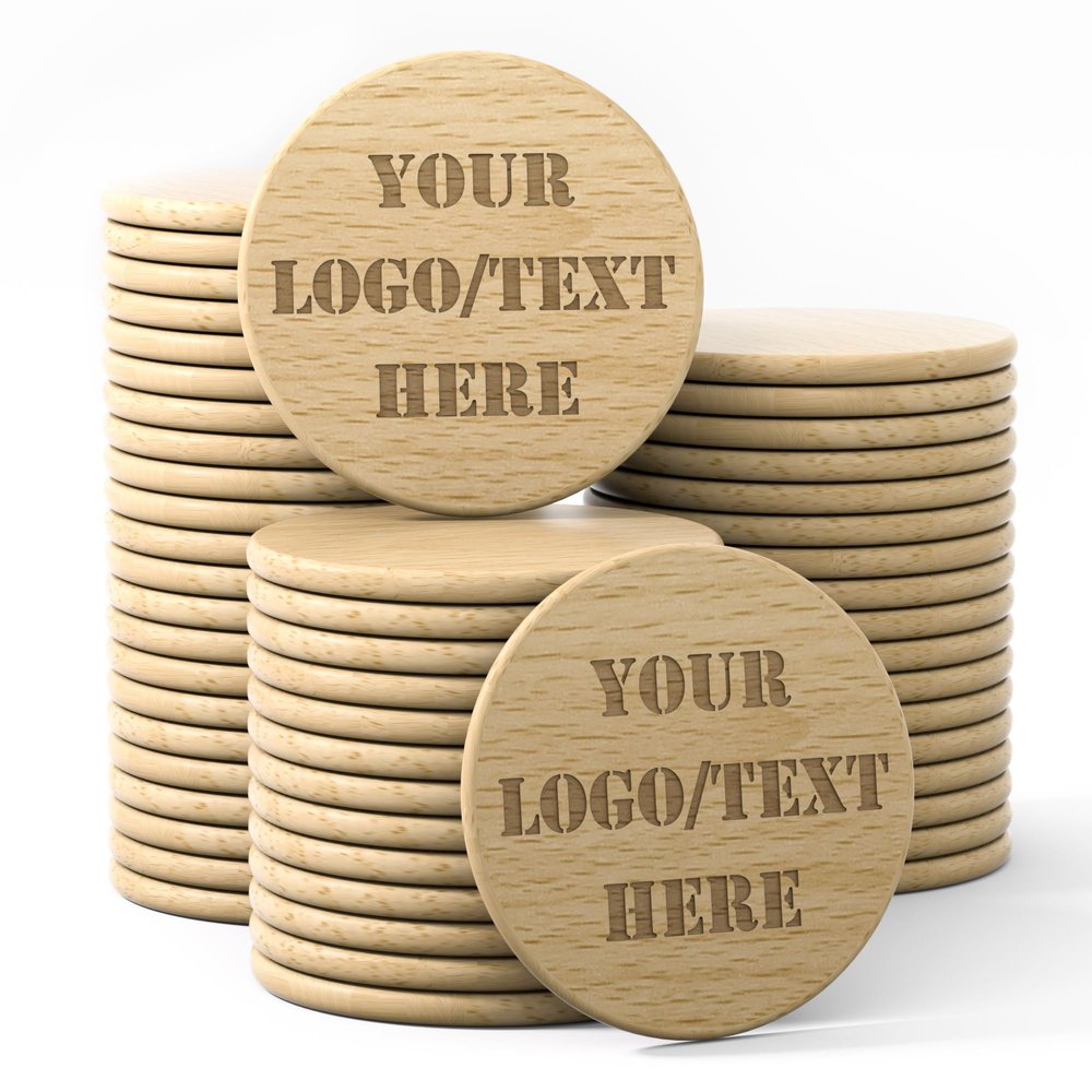 MANBATTLE 100 Custom Wood Drink Tokens, Wooden Poker Chips Double Sided Laser Engraved Your Logo and Text, Personalized Wood Round Drink Chips for Bar, Party, Wedding, Game Night, Casino Night