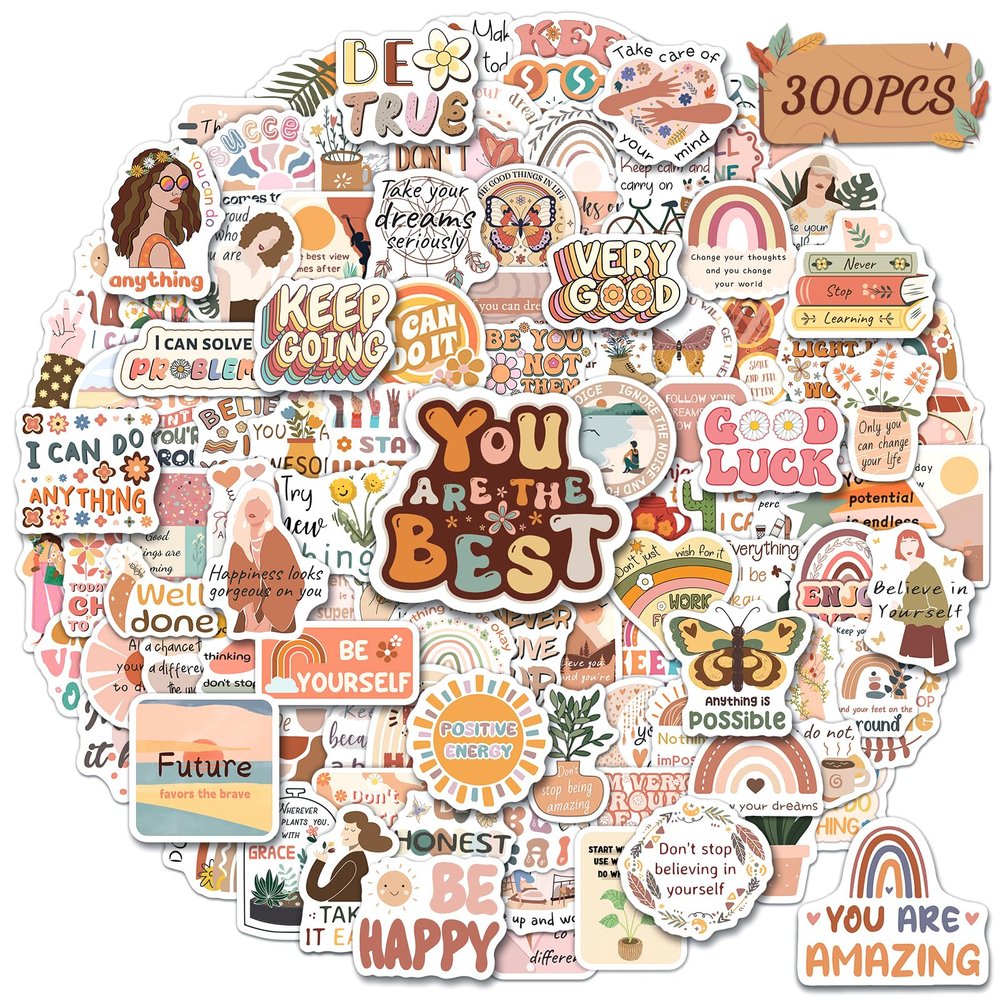 STKJoviale 300PCS Vintage Inspirational Stickers, Boho Motivational Quote Stickers for Kids Women Adults, Encouraging Positive Affirmation Sticker for Water Bottle Laptop Journal