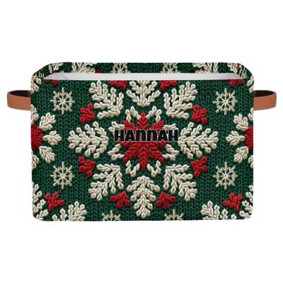 KFNHN Custom Storage Baskets for Kids with Name, Knit Christmas Green White Red Snowflake Large Foldable Organizer Collapsible Storage Bin with Leather Handle for Home Toys Closet Nursery