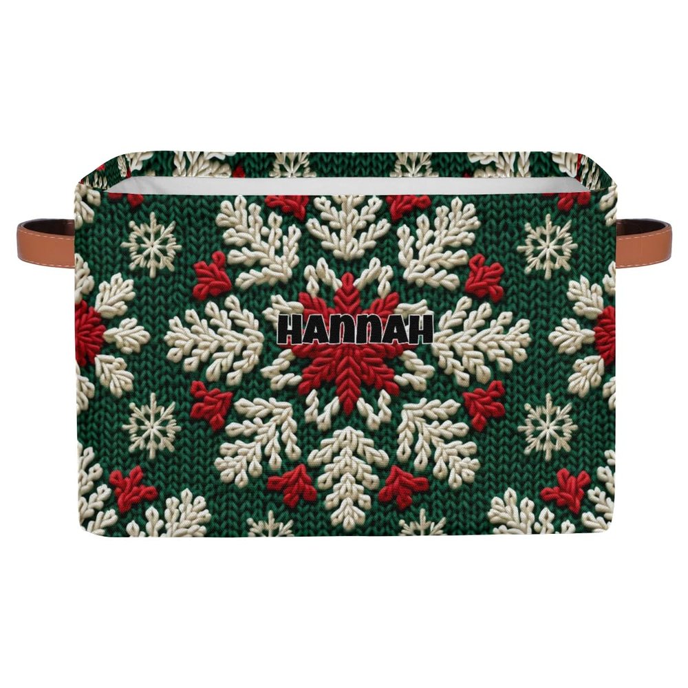 KFNHN Custom Storage Baskets for Kids with Name, Knit Christmas Green White Red Snowflake Large Foldable Organizer Collapsible Storage Bin with Leather Handle for Home Toys Closet Nursery