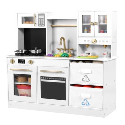 Arlopu Play Kitchen for Kids, Wooden Pretend Toy Kitchen, Large Toodler Cooking Playset w/Cookware, Stove w/Light & Sound, Fabric Boxs, Disinfection Locker, Coffee Maker, Sink, Modern (White)