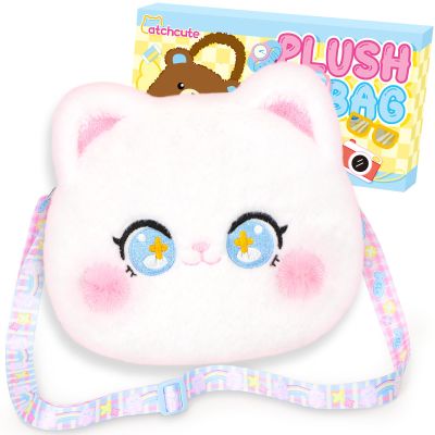 CatchCute Plush Cat Bag Kids Handbag Crossbody Bag with Zipper and Adjustable Strap,Soft Plush Kitty Stuffed Purse Birthday Gift for Toddlers Kids