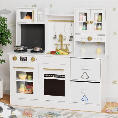 MAMIZO Kids Play Kitchen, Wooden Pretend Toy Kitchen, Toodler Cooking Playset, Stove w/Light & Sound, Sink, Microwave, 2 Fabric Boxs, Dishwasher, Modern Home Style Kitchen for Ages 3+ (White)