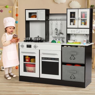 Arlopu Play Kitchen for Kids, Wooden Pretend Toy Kitchen, Large Toodler Cooking Playset w/Cookware, Stove w/Light & Sound, Fabric Boxs, Disinfection Locker, Coffee Maker, Sink, Modern (White & Brown)