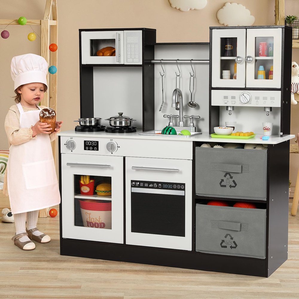 Arlopu Play Kitchen for Kids, Wooden Pretend Toy Kitchen, Large Toodler Cooking Playset w/Cookware, Stove w/Light & Sound, Fabric Boxs, Disinfection Locker, Coffee Maker, Sink, Modern (White & Brown)