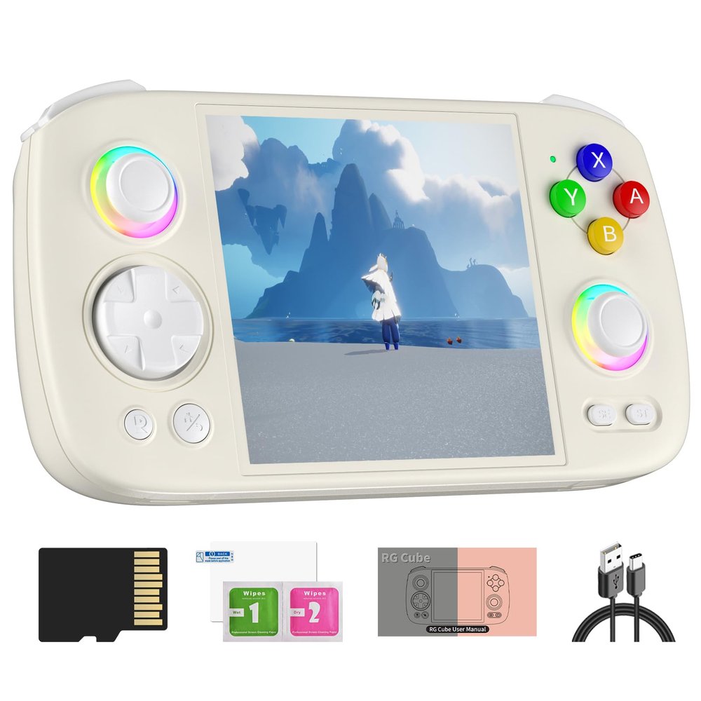 Doriteney RGCube Handheld Game Console Android 13 Game Player 3.95" IPS 128GB TF Card Unisoc T820 RGB Lighting(Beige White)