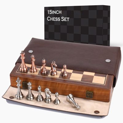 15 Inch Walnut Chess Board Set for Adults Kids Metal Chess, Folding Portable Travel Chess Game for Tournament Professional Beginner with Manual