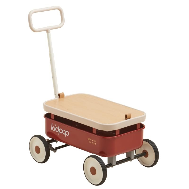 kidpop PULA-Wild 3-in-1 Kids' Pull-Along Wagon Toddlers Push Walker for 2.5-8, Removable Wooden Cover and Adjustable Handlebar, Birthday Gifts Max Weight 33 lbs (Red)