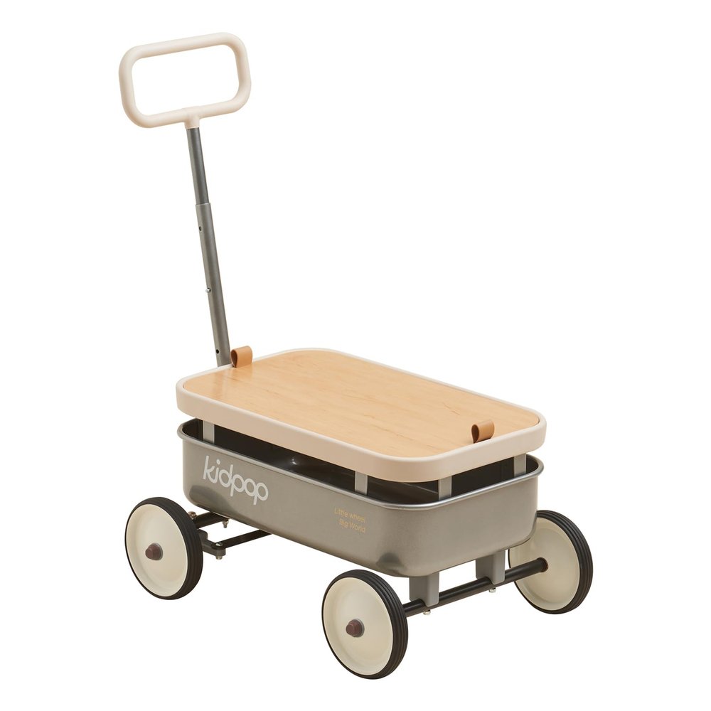kidpop PULA-Wild 3-in-1 Kids' Pull-Along Wagon Toddlers Push Walker for 2.5-8, Removable Wooden Cover and Adjustable Handlebar, Birthday Gifts Max Weight 33 lbs (Grey)