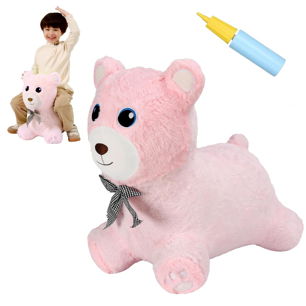 INPANY Bear Bouncy Horse Hopper Toys, Toddler Girl Plush Bouncing Animal, Baby Inflatable Bounce Buddies, Kid Ride on Rubber Bouncer, Outdoor Indoor Cute Birthday Gift Toy for 2 3 4 Year Old Girl Boy