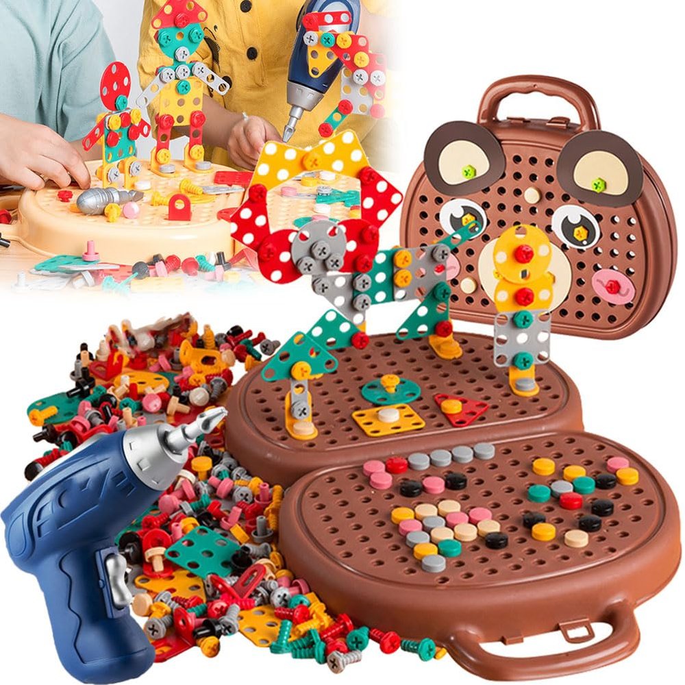 Magic Montessori Play Toolbox with Electric Drill,Creativity Tool Box with Drill Kids,Magic Montessori Tool Box,Creative Magic Play Toolbox Bear Puzzle Toy (Brown with Electric Drill)
