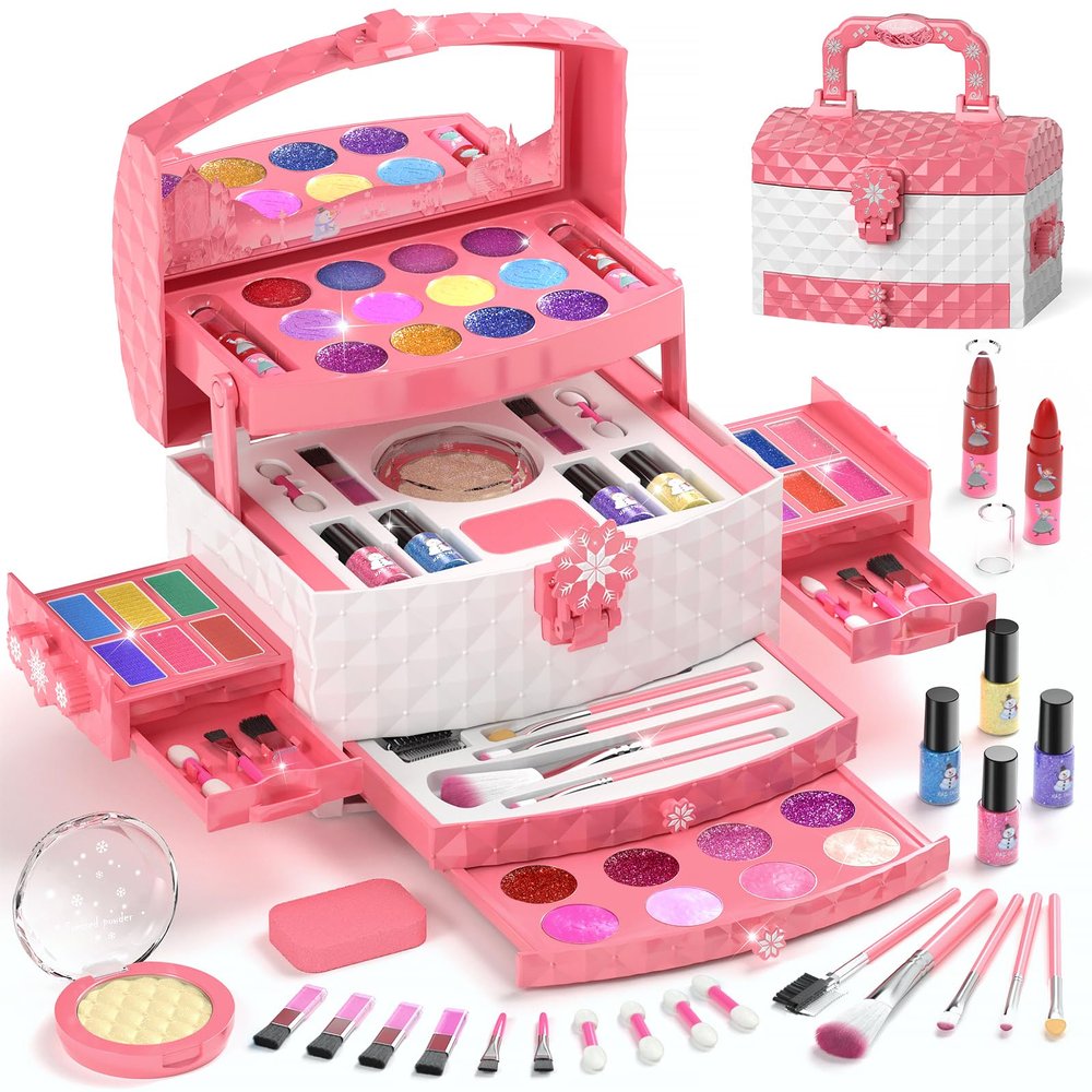 PERRYHOME Kids Makeup Set for Girl 56 Pcs Washable Real Cosmetic, Non-Toxic Frozen Toys Toddler Makeup Kit, 2026 New Princess Valentine & Birthday Girl Gift for 3 4 5 6 7 8 9 10 11 12 Year Old Girls