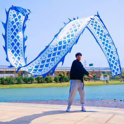 Blue Dragon Ribbon Poi, Celadon Blue Fantasy Dragon Streamer for Outdoor Fitness, Theatrical Stage Show, Dance Performance, (with Fiberglass Wand, 16.4 FT)