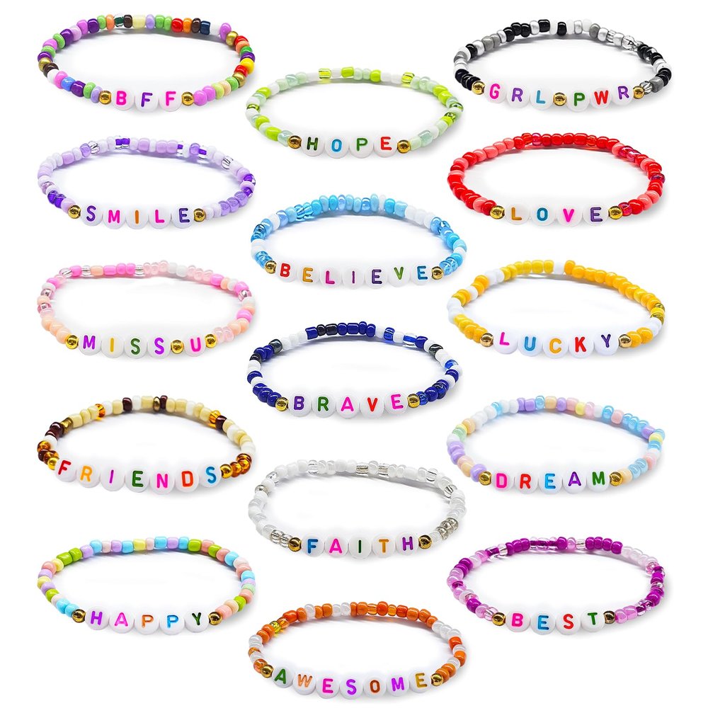 CAABISO 15 Pcs Motivational Friendship Bracelets for Girls, Elastic Cute Letter Beaded Bracelets Bulk Gifts for Teens Girls Women Jewelry Accessories, 6.3 inches