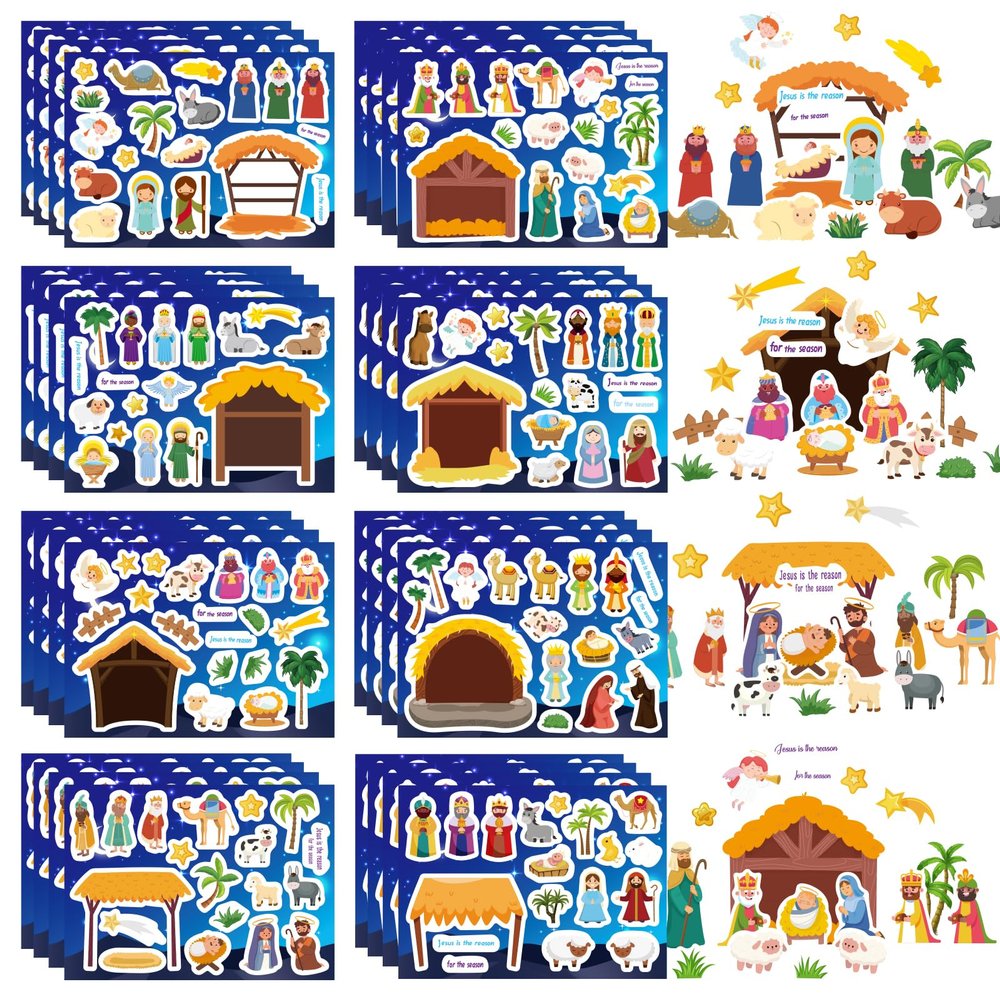 32 Sheets Christmas Nativity Stickers, Make a Nativity Scene Sticker Jesus Birth Stickers, Christmas Crafts for Kids, Religious Bible Scene Party Favor Christian Craft School Classroom Activity