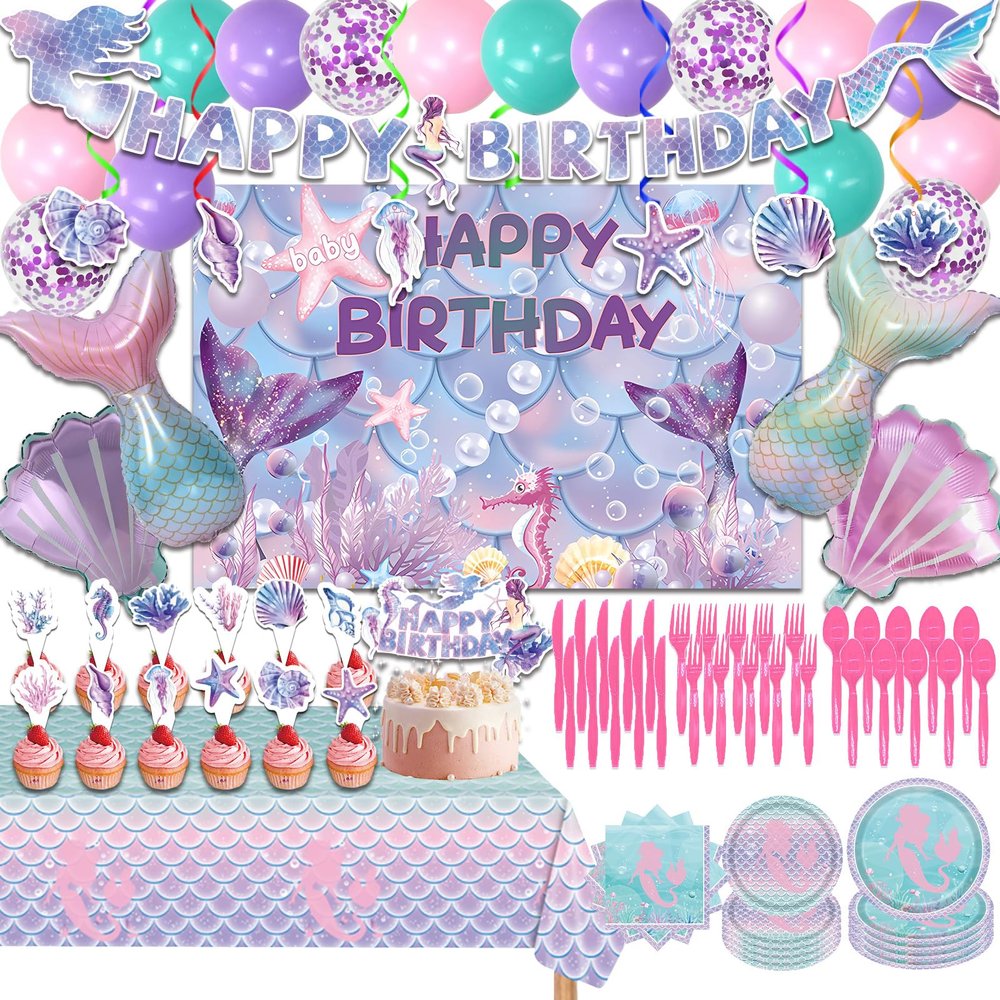 154 Pcs Mermaid Birthday Party Supplies - Mermaid Party Decorations Included Backdrop, Banner, Tablecloth, Hanging Swirls, Cupcake Toppers, Tableware, Paper Towel, Aluminium balloon, Latex Balloons