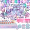 154 Pcs Mermaid Birthday Party Supplies - Mermaid Party Decorations Included Backdrop, Banner, Tablecloth, Hanging Swirls, Cupcake Toppers, Tableware, Paper Towel, Aluminium balloon, Latex Balloons view 1
