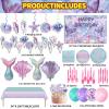 154 Pcs Mermaid Birthday Party Supplies - Mermaid Party Decorations Included Backdrop, Banner, Tablecloth, Hanging Swirls, Cupcake Toppers, Tableware, Paper Towel, Aluminium balloon, Latex Balloons view 2