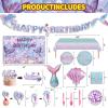 154 Pcs Mermaid Birthday Party Supplies - Mermaid Party Decorations Included Backdrop, Banner, Tablecloth, Hanging Swirls, Cupcake Toppers, Tableware, Paper Towel, Aluminium balloon, Latex Balloons view 3