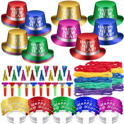 Maysing 75 Pcs New Year Eve Party Supplies 2026 Midnight Party Decorations Includes Top Hats, Headband Tiara, Colorful Leis, Squawkers, Blowouts for Eve Supplies