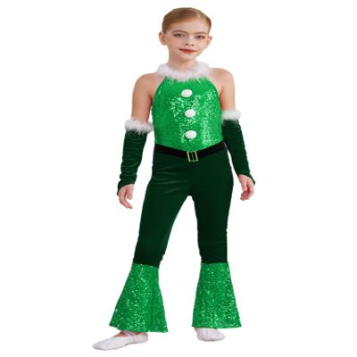 Moggemol Kids Girls Christmas Velvet Plush Sequins Flared Jumpsuit Dance Bodysuit Stage Performance Costume Green 16 Years