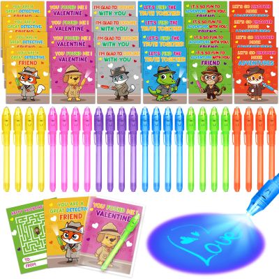 24 Pack Valentines Cards for Kids with Invisible Ink Pens, Valentine's Greeting Cards for Kids School Classroom Valentine's Gifts Exchange, Magic Spy Pen Valentines Party Favors Prizes for Girls Boys