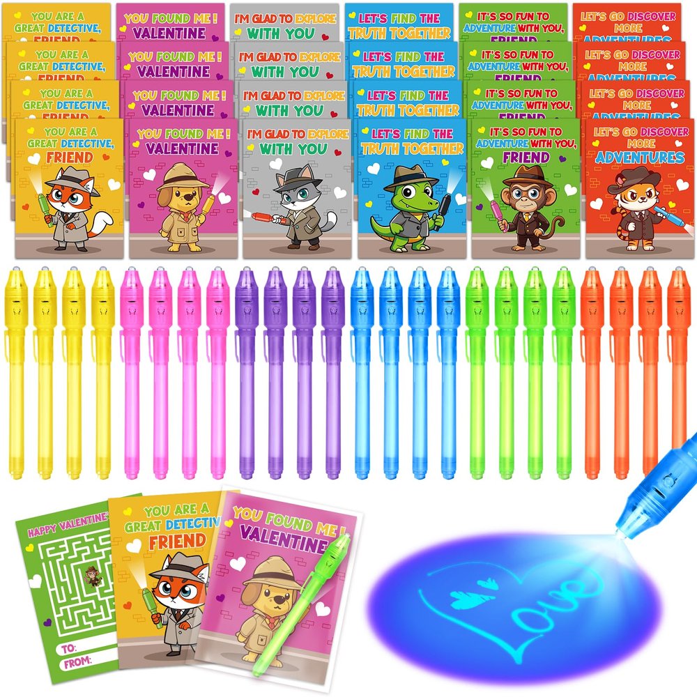 24 Pack Valentines Cards for Kids with Invisible Ink Pens, Valentine's Greeting Cards for Kids School Classroom Valentine's Gifts Exchange, Magic Spy Pen Valentines Party Favors Prizes for Girls Boys