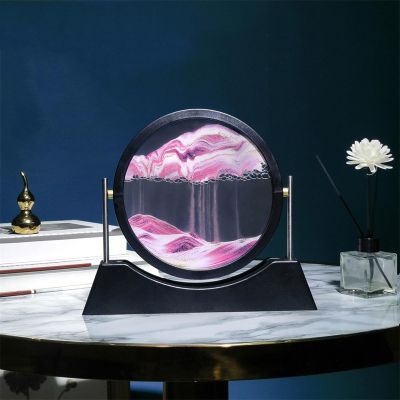 TNSLGHS Moving Sand Art Picture, Sand Art Liquid Motion Picture, 360 Rotation Dynamic Sand Picture, Round Glass Quicksand Painting, for Desktop Home Office Decor,7in-Pink