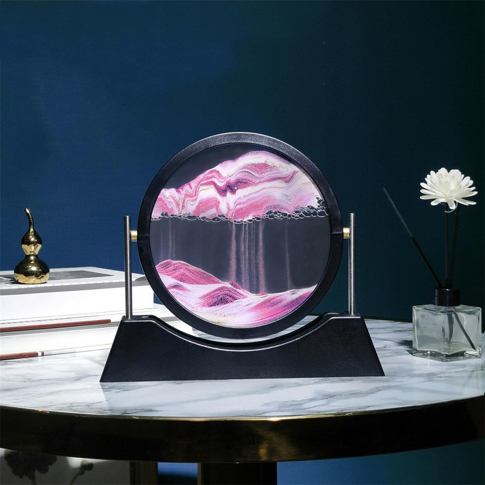 TNSLGHS Moving Sand Art Picture, Sand Art Liquid Motion Picture, 360 Rotation Dynamic Sand Picture, Round Glass Quicksand Painting, for Desktop Home Office Decor,7in-Pink