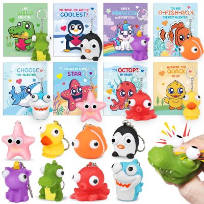 24 Pack Valentine's Day Cards with Animal Popping Eyes Keychains for Kids School Classroom, Valentine's Gifts for School Exchange, Squeeze Animals with Popping Eyes Keychains Bulk for Party Favors